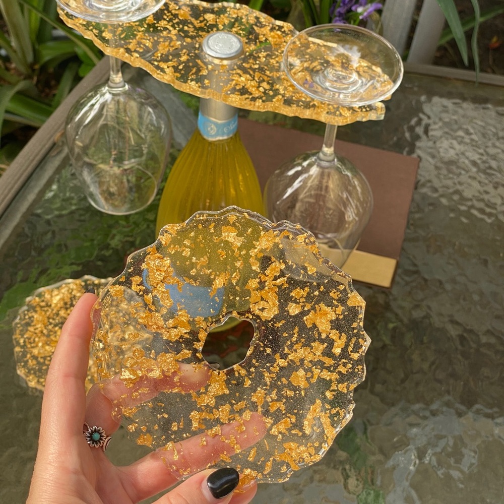 Gold Flake Wine Caddy & Coaster Set Resin Art - Picture 10 of 16